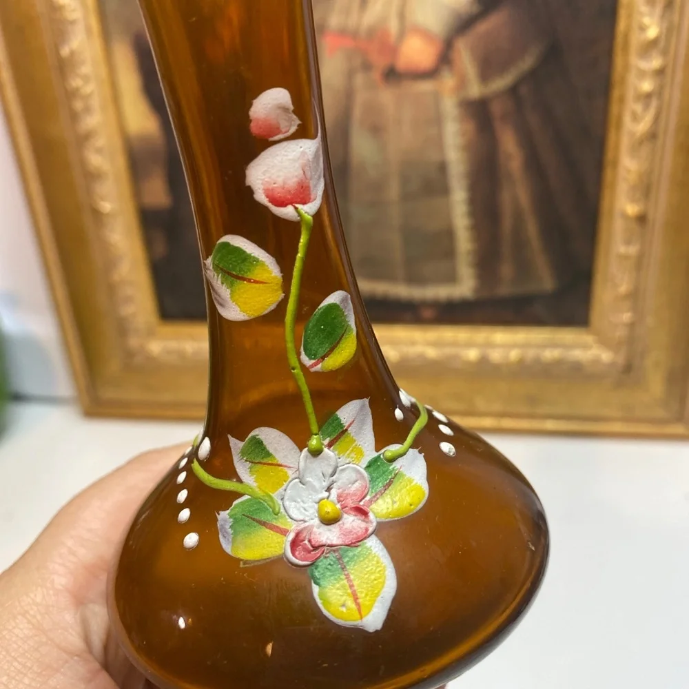 Art Glass Bud Vase Hand Painted Enamel Floral Amber Glass Twisted Stem 8